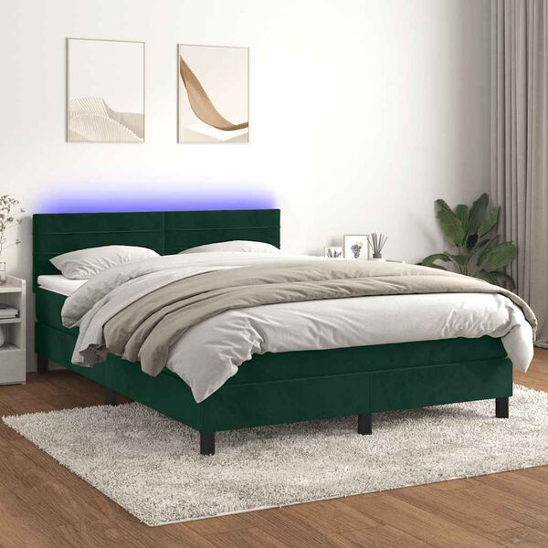 vidaXL Cama box spring c/ colch&atilde;o/LED 140x190 cm veludo verde-escuro