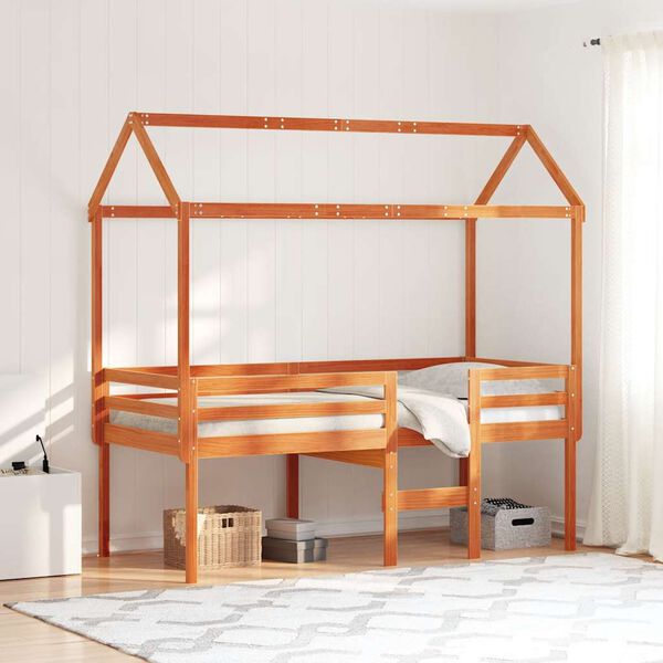 vidaXL Cama alta com telhado 90x190 cm pinho maci&ccedil;o castanho-mel