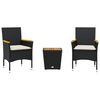 vidaXL 3 pcs conjunto de bistr&ocirc; com almofad&otilde;es vime PE/vidro preto