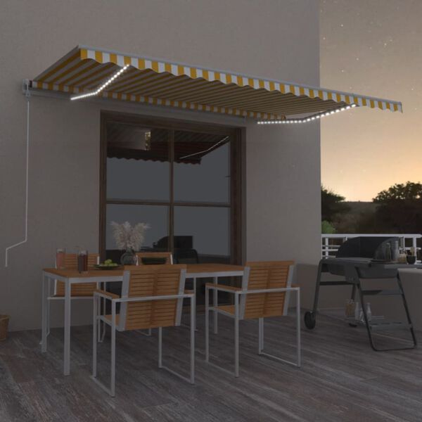 vidaXL Toldo retrátil manual com LED 500x300 cm amarelo e branco