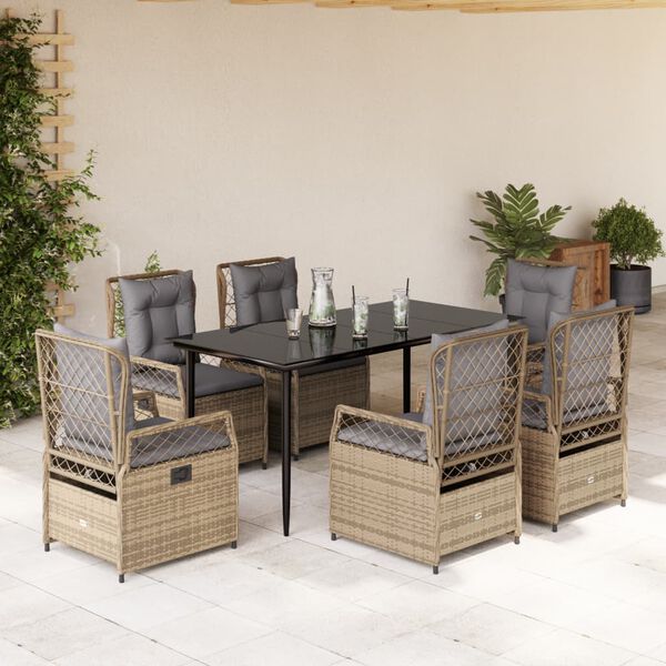 vidaXL 7 pcs conjunto de jantar p/ jardim com almofad&otilde;es vime PE bege