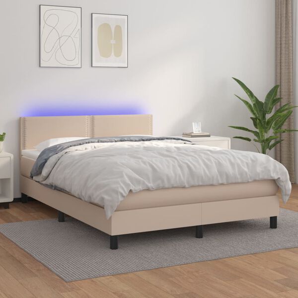 vidaXL Cama box spring c/colch&atilde;o/LED 140x190cm couro artif. cappuccino