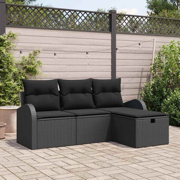 vidaXL Conjunto de Sof&aacute; de Jardim com almofada 4 pcs Preto vime PE