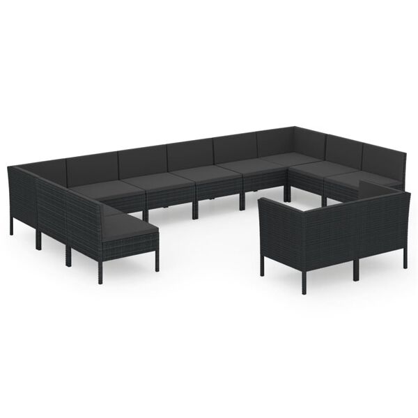 vidaXL 12 pcs conjunto lounge de jardim c/ almofad&otilde;es vime PE preto