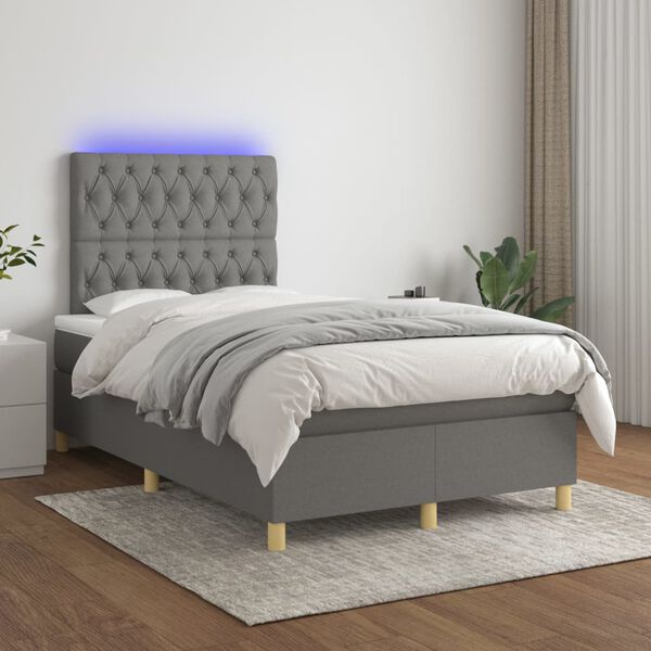 vidaXL Cama box spring c/ colch&atilde;o e LED 120x200 cm tecido cinza-escuro