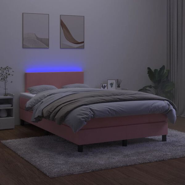 vidaXL Cama box spring c/ colch&atilde;o/LED 120x200 cm veludo rosa