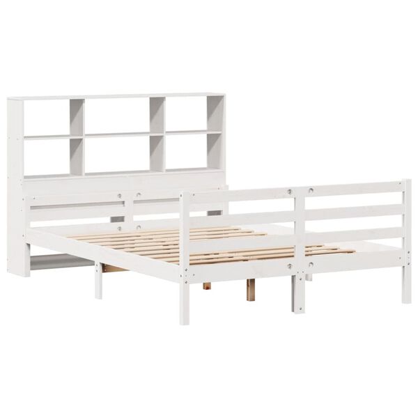 vidaXL Cama com estante sem colch&atilde;o 140x200 cm pinho maci&ccedil;o branco