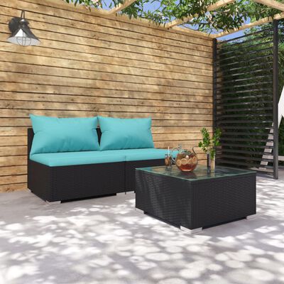 vidaXL 3 pcs conjunto lounge de jardim c/ almofadões vime PE preto