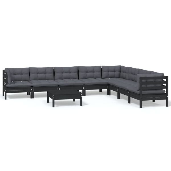 vidaXL 9 pcs conjunto lounge jardim c/ almofad&otilde;es pinho maci&ccedil;o preto