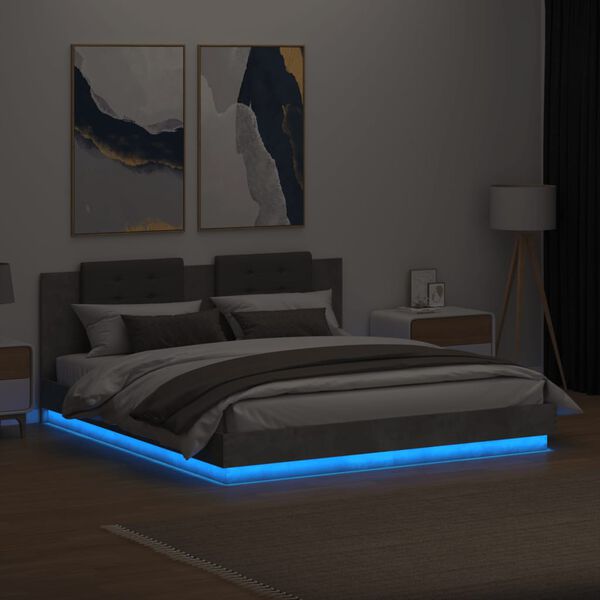 vidaXL Estrutura cama c/ cabeceira/luzes LED 200x200 cm cinza cimento