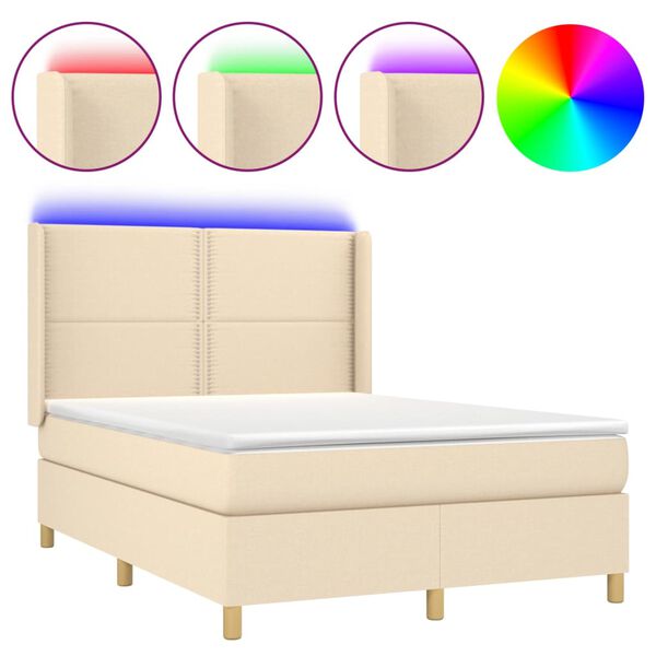 vidaXL Cama box spring c/ colch&atilde;o e LED 140x190 cm tecido cor creme