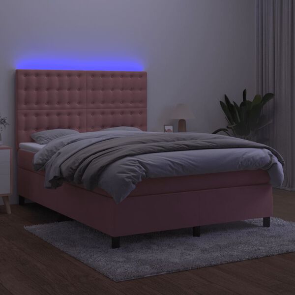 vidaXL Cama box spring c/ colch&atilde;o/LED 140x190 cm veludo rosa