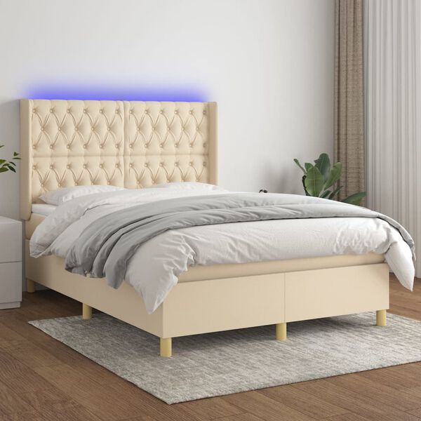 vidaXL Cama box spring c/ colch&atilde;o e LED 140x190 cm tecido cor creme