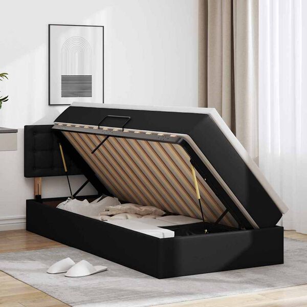 vidaXL Cama com arruma&ccedil;&atilde;o e colch&atilde;o Preto 90 x 200 cm Couro Sint&eacute;tico