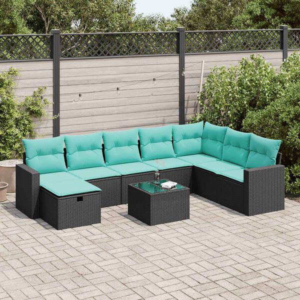 vidaXL 8 pcs conjunto sof&aacute;s de jardim com almofad&otilde;es vime PE preto