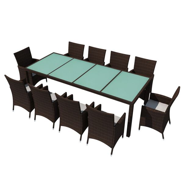 vidaXL 11 pcs conjunto jantar exterior com almofadões vime PE castanho