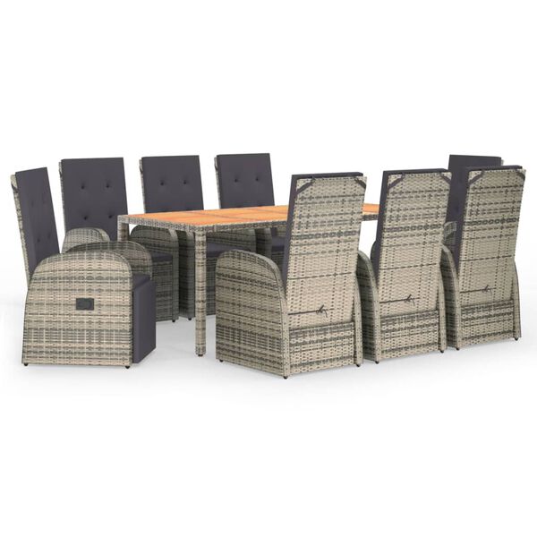 vidaXL 9 pcs conjunto de jantar p/ jardim c/ almofadões vime PE cinza