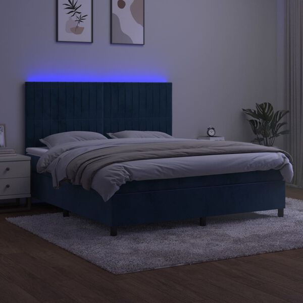 vidaXL Cama box spring c/ colch&atilde;o/LED 180x200 cm veludo azul-escuro