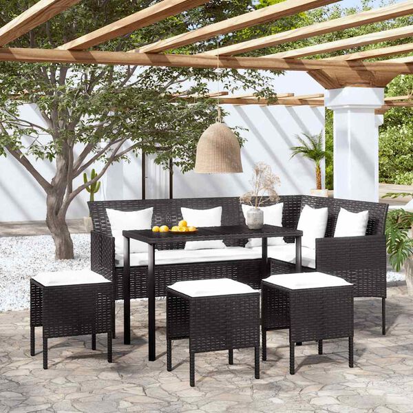 vidaXL 5 pcs conjunto sof&aacute;s formato L c/ almofad&otilde;es vime PE preto