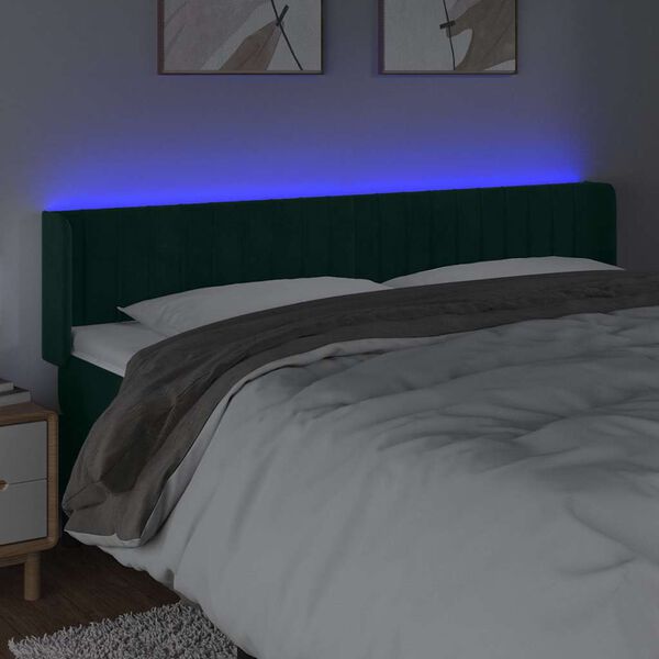 vidaXL Cabeceira cama c/ luzes LED veludo 203x16x78/88 cm verde-escuro
