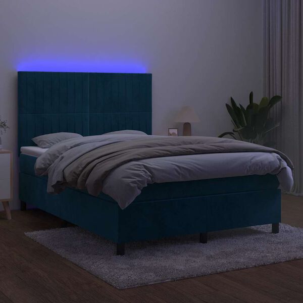 vidaXL Cama box spring c/ colch&atilde;o/LED 140x190 cm veludo azul-escuro