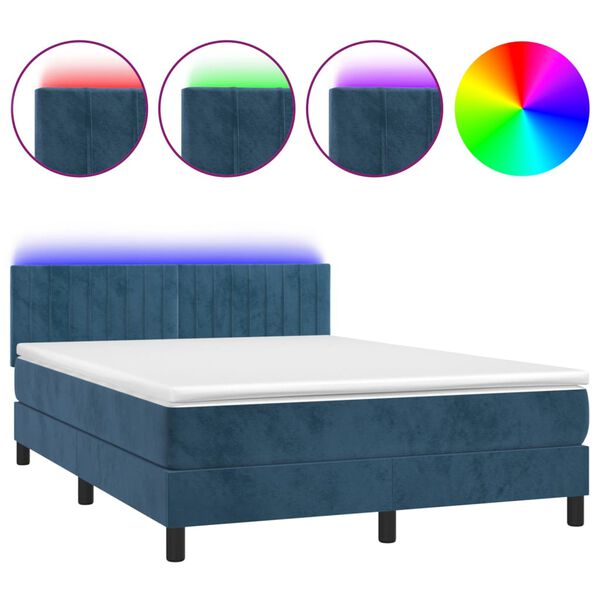 vidaXL Cama box spring c/ colch&atilde;o/LED 140x200 cm veludo azul-escuro