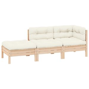vidaXL 3 pcs conjunto lounge jardim c/ almofad&otilde;es creme pinho maci&ccedil;o