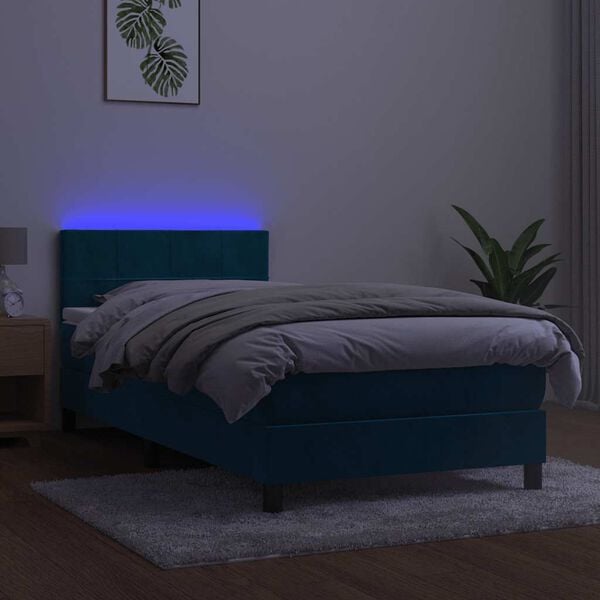 vidaXL Cama box spring c/ colch&atilde;o/LED 90x200 cm veludo azul-escuro