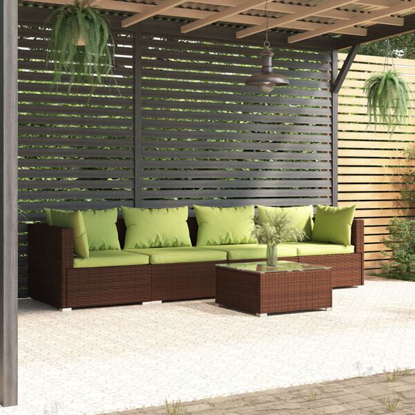 vidaXL 5 pcs conjunto lounge jardim c/ almofadões vime PE castanho
