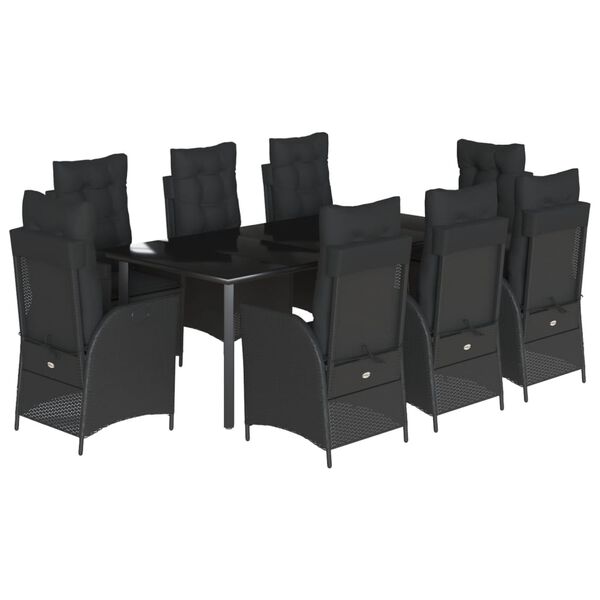 vidaXL 9 pcs conjunto de jantar p/ jardim c/ almofad&otilde;es vime PE preto