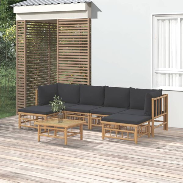 vidaXL 7pcs conj. lounge de jardim bambu c/ almofad&otilde;es cinzento-escuro