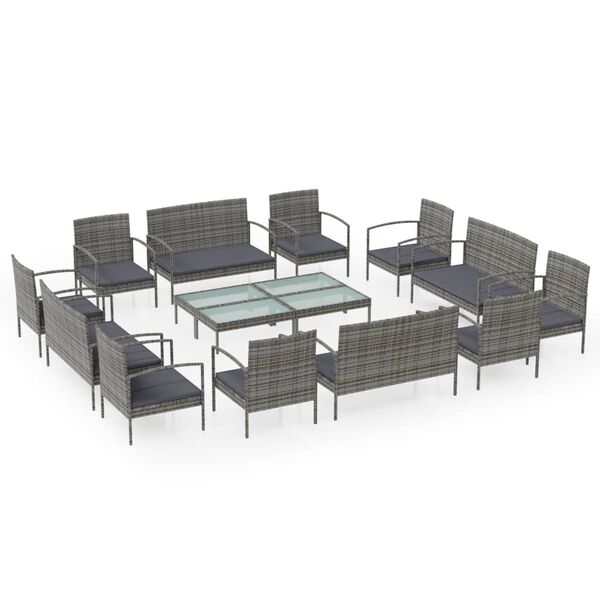 vidaXL 16 pcs conjunto lounge de jardim c/ almofad&otilde;es vime PE cinzento