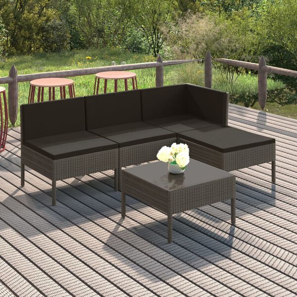 vidaXL 5 pcs conjunto lounge de jardim c/ almofadões vime PE cinzento