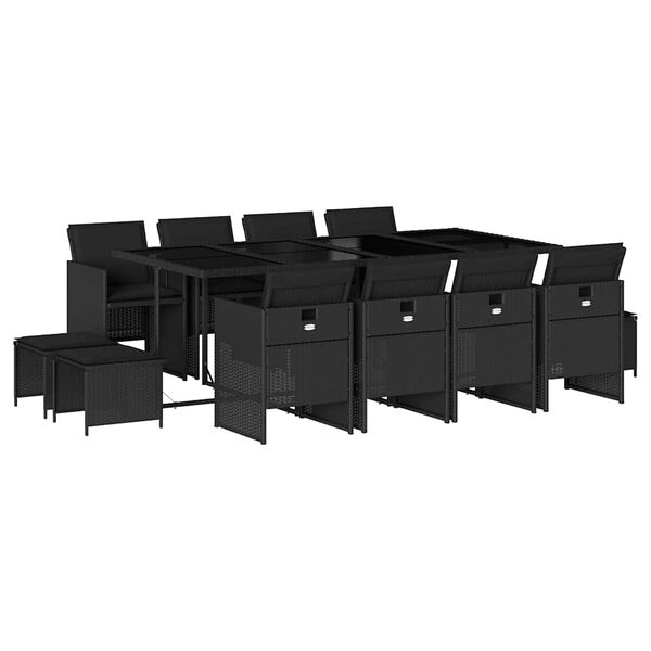 vidaXL 13 pcs conjunto de jantar p/jardim com almofad&otilde;es vime PE preto