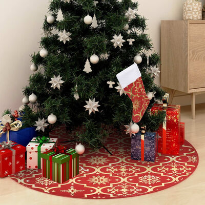 vidaXL Saia de árvore de Natal luxuosa 122 cm com meia tecido vermelho
