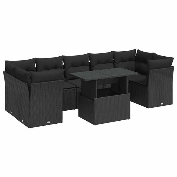 vidaXL 8 pcs conjunto sof&aacute;s de jardim com almofad&otilde;es vime PE preto