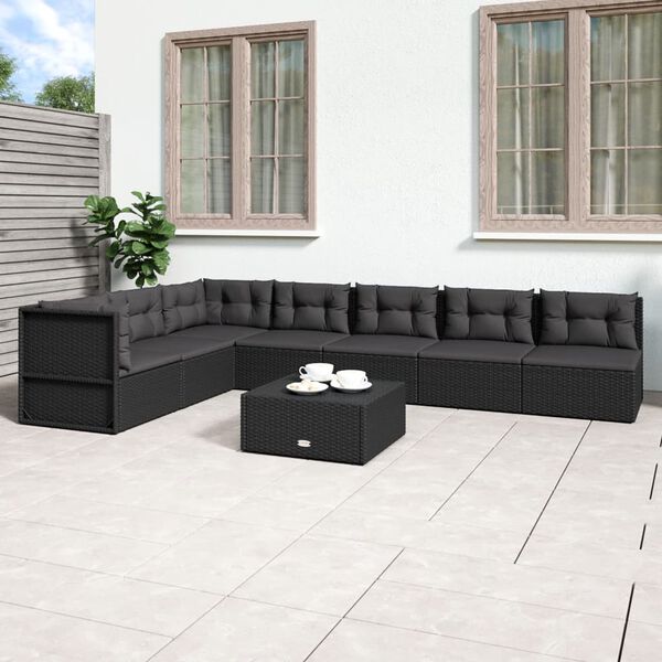 vidaXL 7 pcs conjunto lounge de jardim c/ almofad&otilde;es vime PE preto