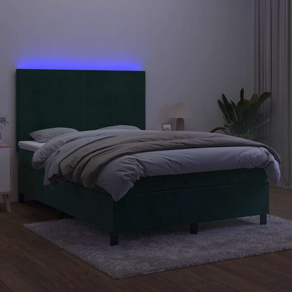vidaXL Cama box spring c/ colch&atilde;o/LED 140x200 cm veludo verde-escuro