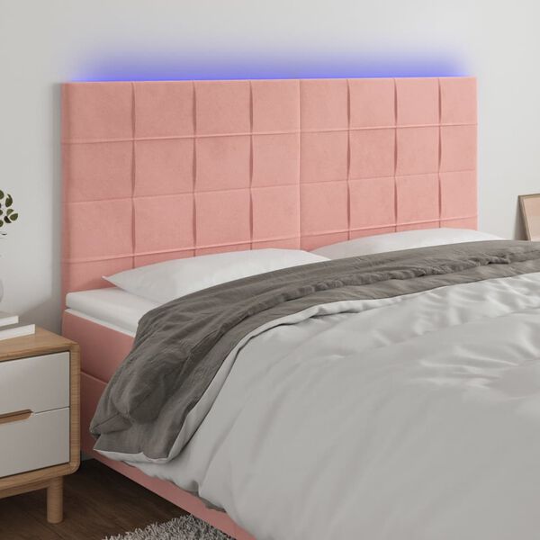 vidaXL Cabeceira de cama c/ luzes LED veludo 160x5x118/128 cm rosa