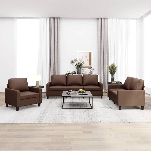 vidaXL 3 pcs conjunto de sof&aacute;s c/ almofad&otilde;es couro artificial castanho