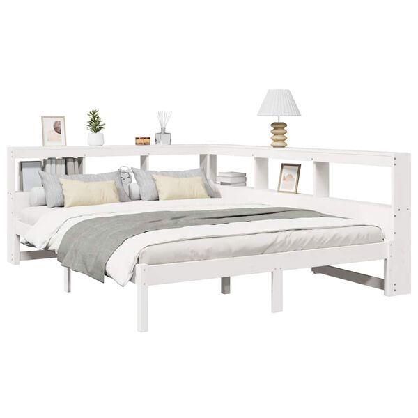 vidaXL Cama com estante sem colchão 135x190 cm pinho maciço branco