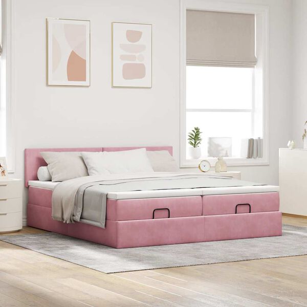 vidaXL Estrutura de cama otomana com colchões 180x200 cm veludo rosa