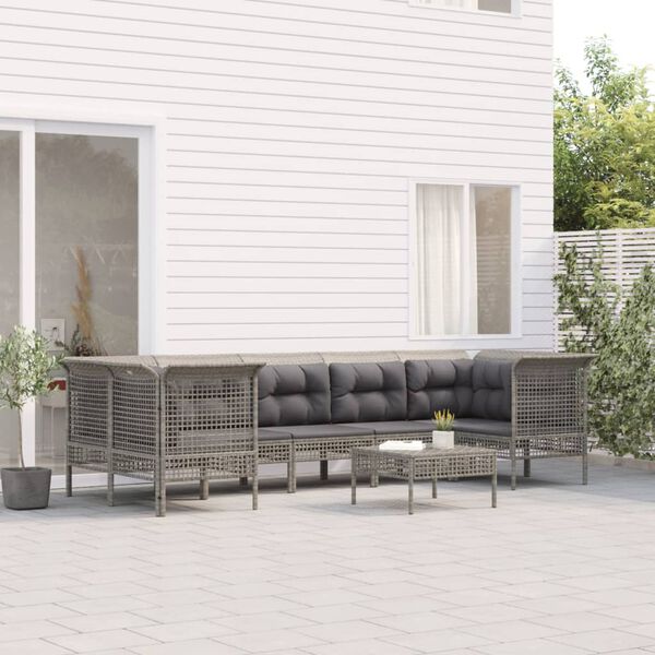 vidaXL 8 pcs conjunto lounge de jardim c/ almofad&otilde;es vime PE cinzento