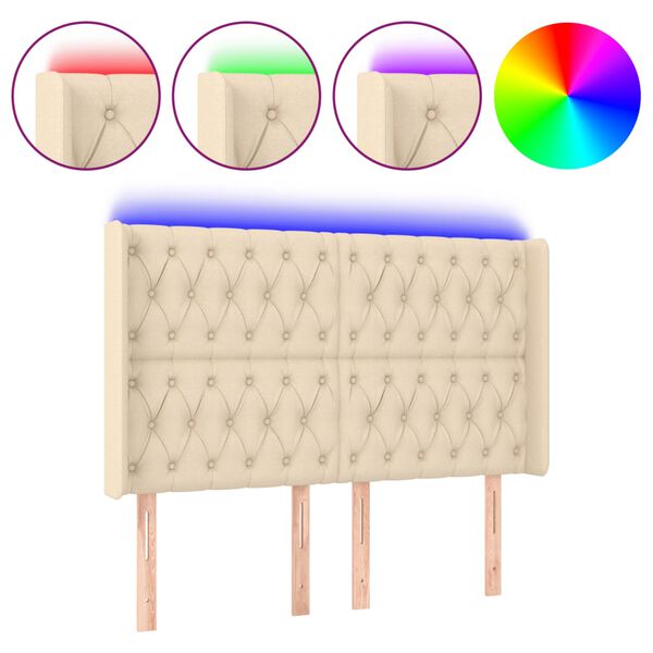 vidaXL Cabeceira cama c/ luzes LED tecido 147x16x118/128 cm cor creme