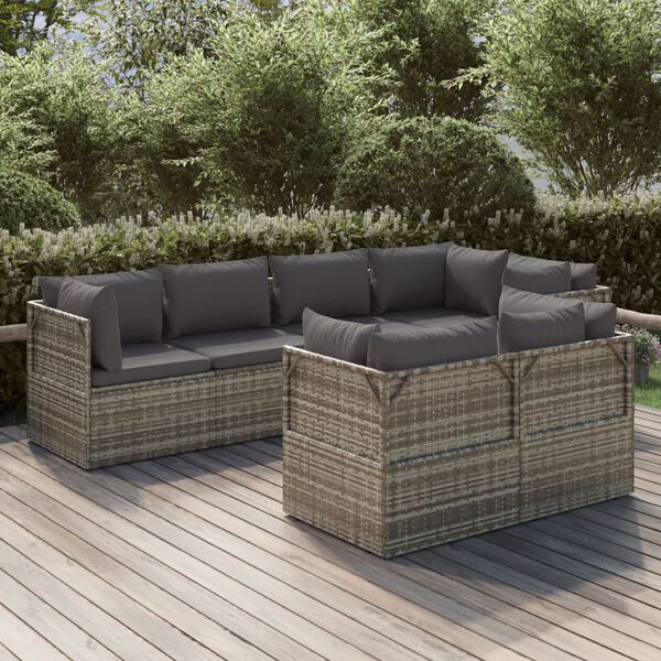vidaXL 7 pcs conjunto lounge de jardim c/ almofad&otilde;es vime PE cinzento