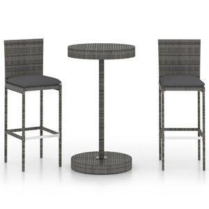 vidaXL 3 pcs conjunto de bar p/ jardim c/ almofad&otilde;es vime PE cinzento