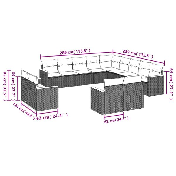vidaXL 13 pcs conjunto de sof&aacute;s de jardim com almofad&otilde;es vime PE preto