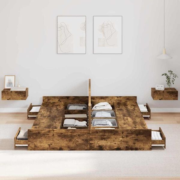 vidaXL Estrado de cama com arruma&ccedil;&atilde;o Carvalho Defumado 135 x 190 cm
