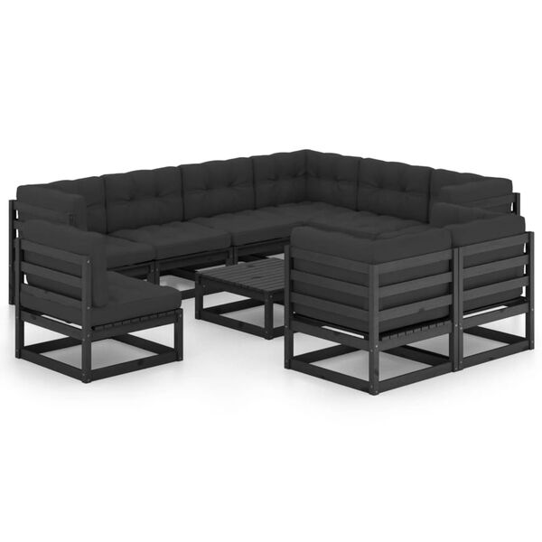 vidaXL 10 pcs conjunto lounge jardim c/ almofad&otilde;es pinho maci&ccedil;o preto