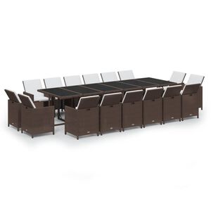 vidaXL 17 pcs conjunto jantar p/ jardim c/ almofad&otilde;es vime PE castanho
